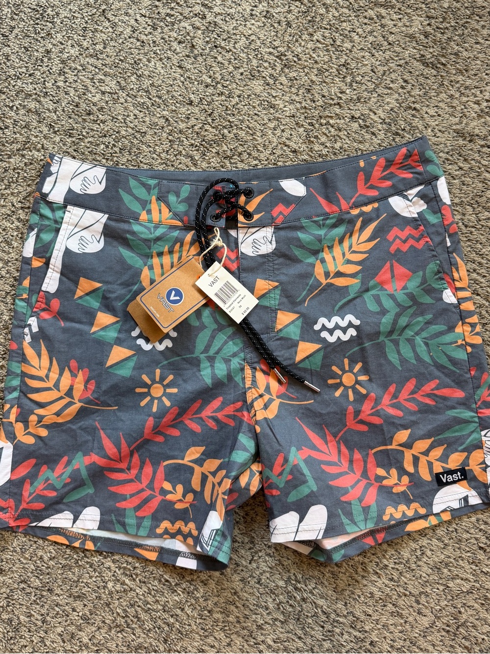 Vast Mens Sz 36 Navy Tropical Elements Swim Trunks with Orange & Green